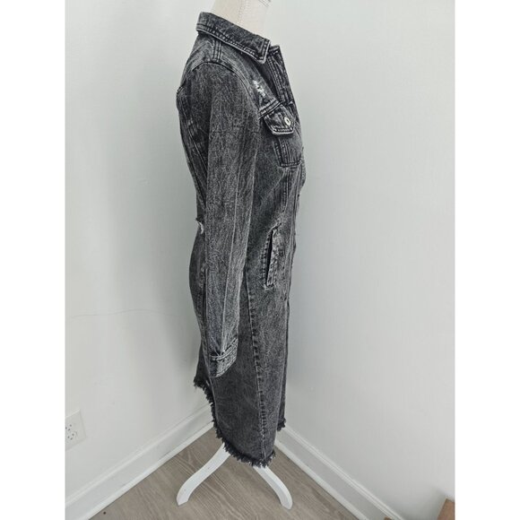 Disstressed Denim Midi Dress XS Long Sleeves Button Down Cotton Black Acid Wash - Picture 6 of 9